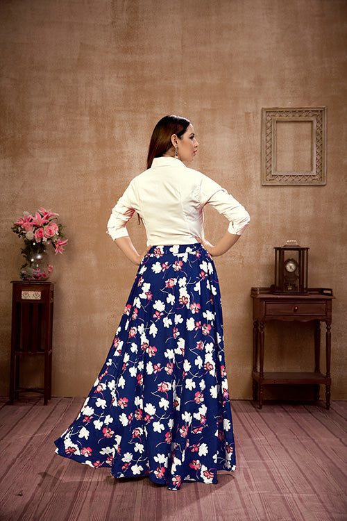 Exclusive White and Blue Color Silk with Printed Crop-Top