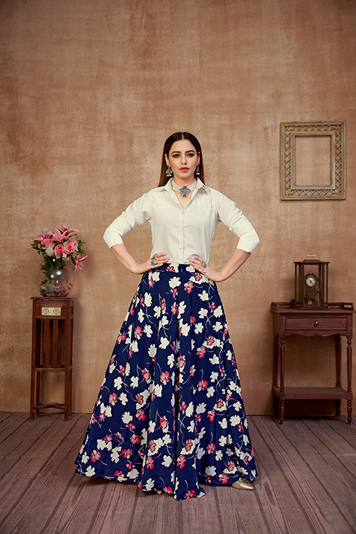 Exclusive White and Blue Color Silk with Printed Crop-Top