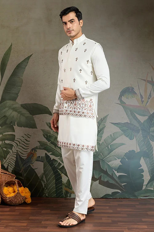 Cultural Function Special White Color Kurta Koti for Men
