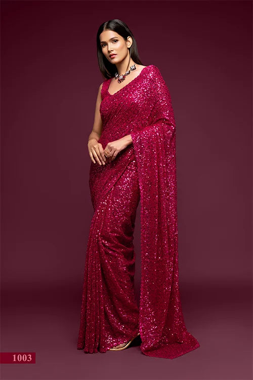 Attractive Hot Pink Sequins Georgette Festive Wear Saree With Blouse