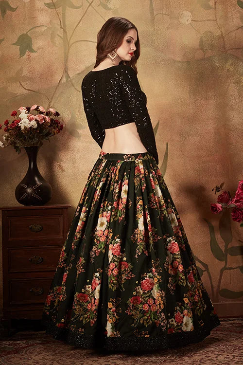 Deep Black Floral Digital Print Sequins Lehenga Choli With Dupatta