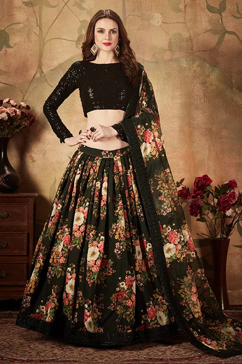 Deep Black Floral Digital Print Sequins Lehenga Choli With Dupatta
