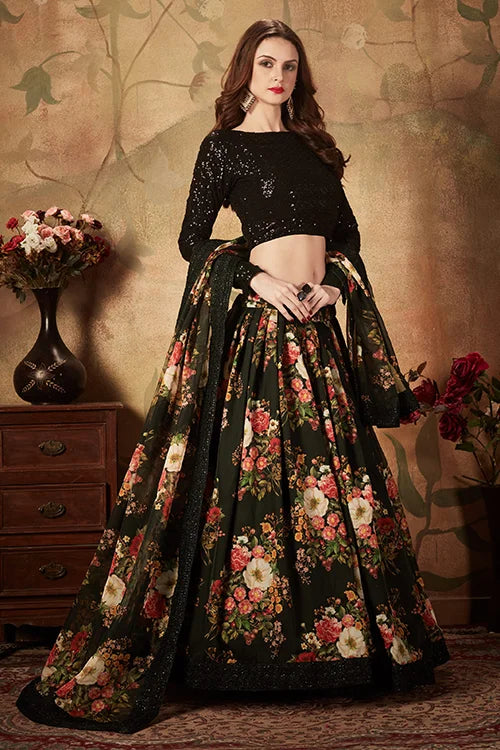 Deep Black Floral Digital Print Sequins Lehenga Choli With Dupatta