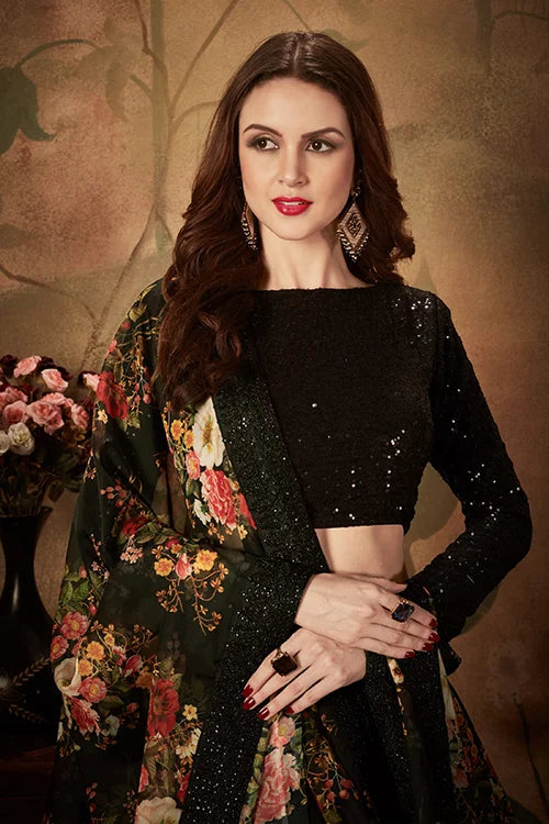 Deep Black Floral Digital Print Sequins Lehenga Choli With Dupatta