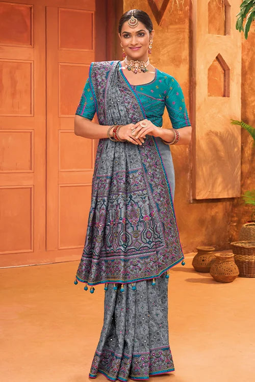 Bandhani Silk Mirror Work Saree with Blouse Piece