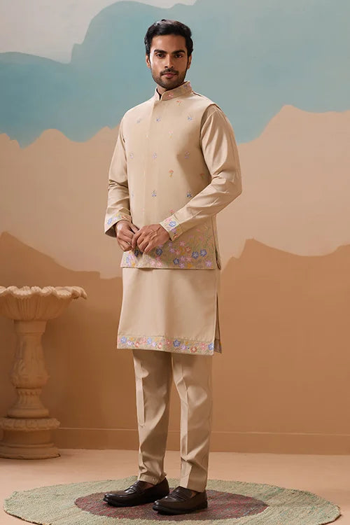 Celebration Beige Kurta Koti Pant Wedding Outfit for Men
