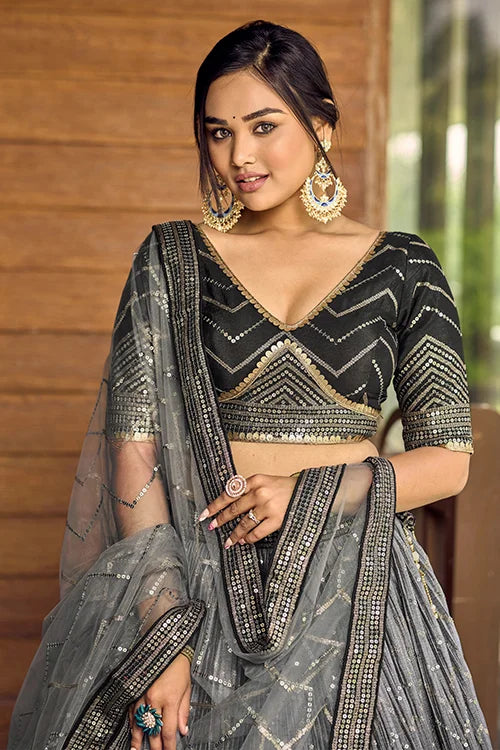Black Thread Embroidery Lehenga Choli with Dupatta