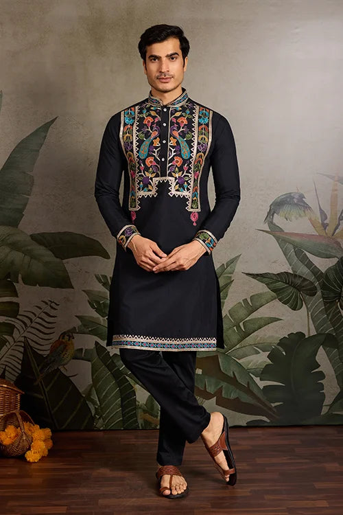 Designer Black Embroidered Mens Kurta for Wedding