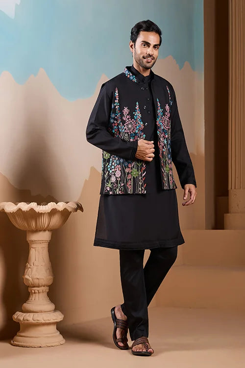 Magic Black Wedding Look Koti Kurta Set for Mens Wear