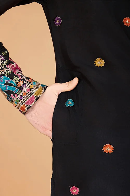 Black Designer Viscose Silk Kurta with Thread Work