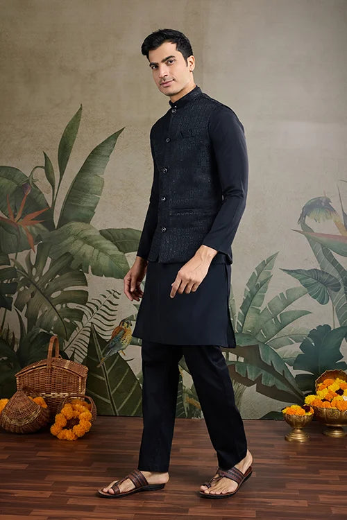 Black Roman Silk Kurta with Jacquard Koti Jacket