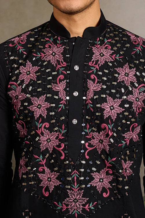 Black Mirror Work with Embroidered Kurta Set for Men