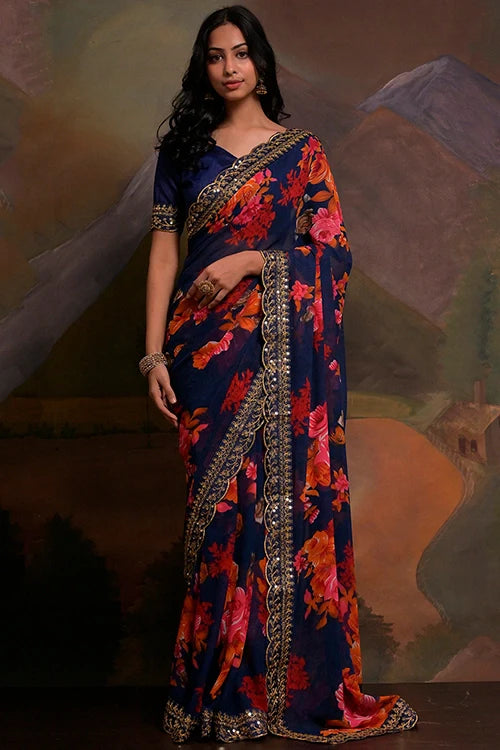 Designer Blue Georgette Saree with Lace Border Work