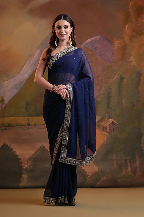 Designer Blue Georgette Saree with Butti Embroidery