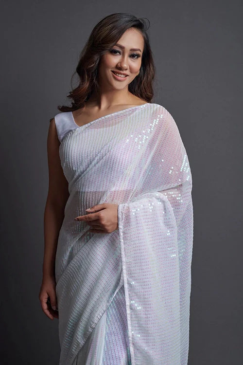 Embroidered Pure Heavy Georgette Silk Saree in White