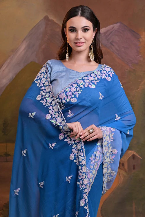 Designer C Pallu Embroidery Saree Online in Blue