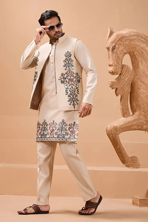 Tendy Beige Wedding Special Koti Kurta Set for Mens Wear