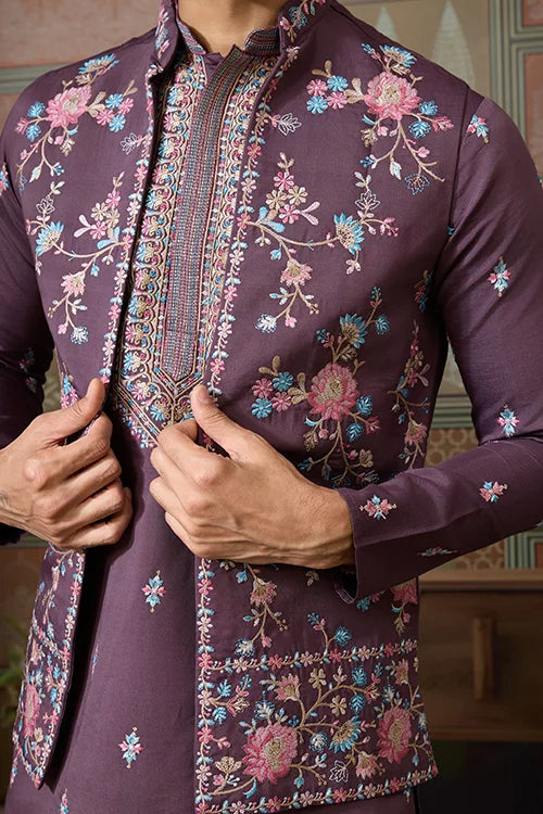 Dusty Purple Wedding Kurta with Matching Koti Set for men