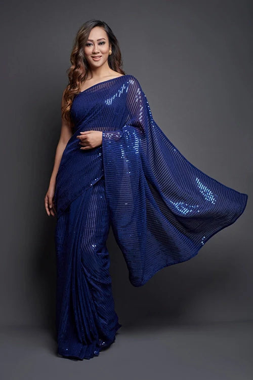 Blue Georgette Silk Saree with Embroidery Work