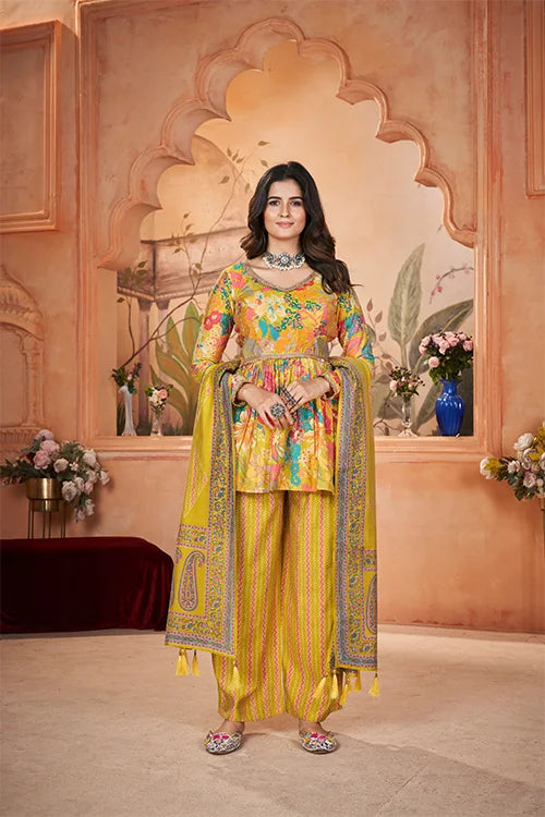 Yellow Silk Digital Print And Foil Three Piece Set
