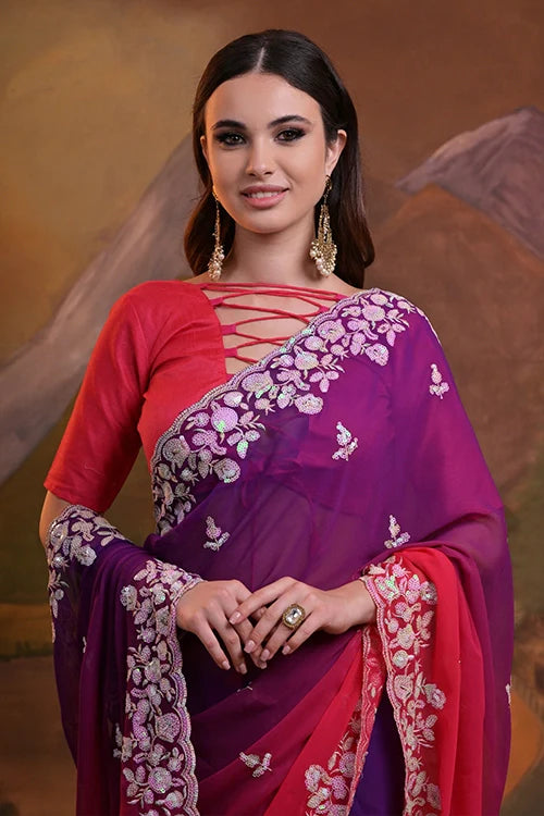 Beautiful C Pallu Pink Georgette Party Saree Online