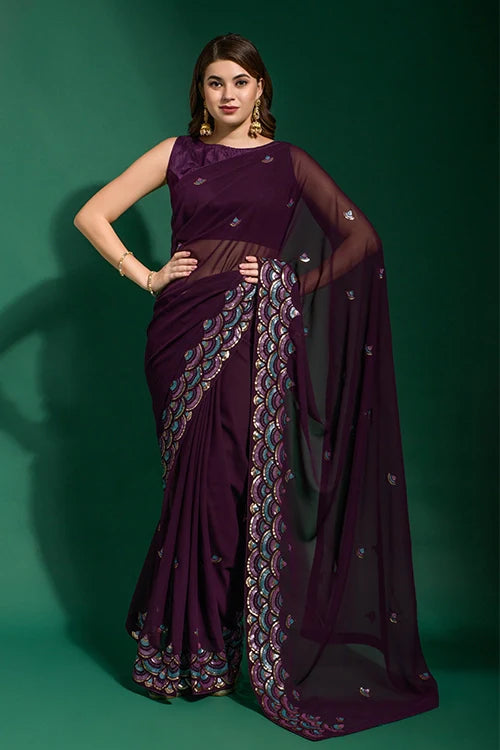 Wedding Georgette Saree with Sequin Flower Design