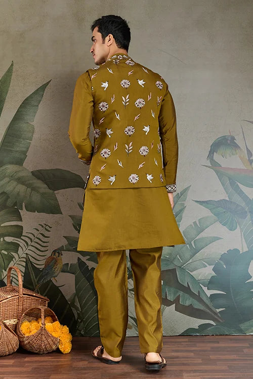 Golden Olive Open Koti Style Kurta Pajama Set for Men