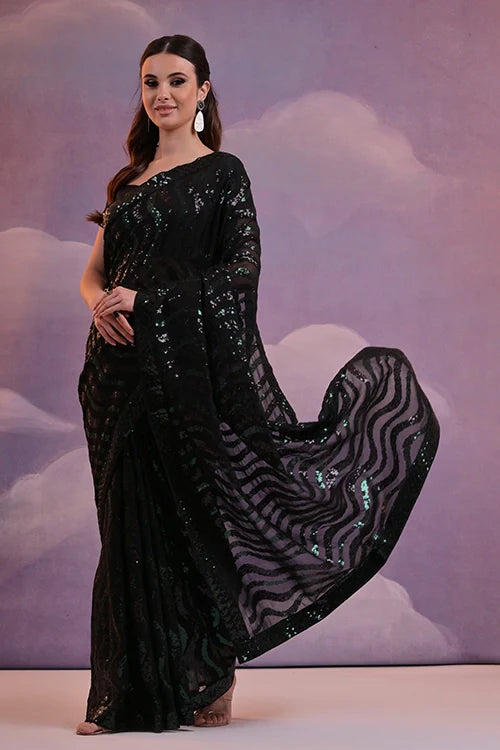 Green-Black Georgette Saree with Lace Border Online