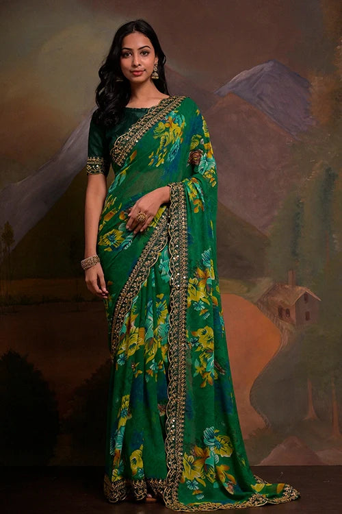 Designer Green Georgette Saree with Embroidery Work