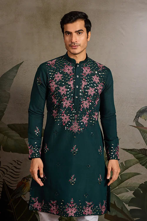 Party Look Green Mirror Embroidered Kurta Set for Men