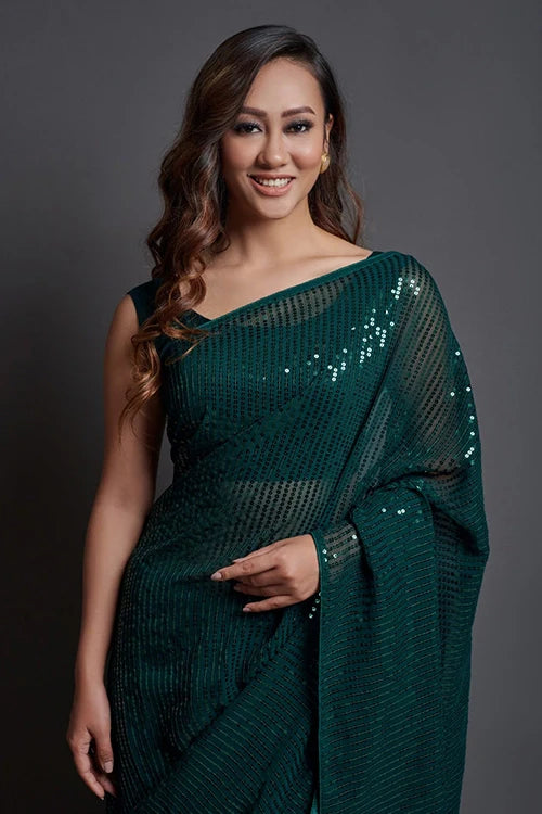Green Bollywood Designer Saree with Embroidery Work