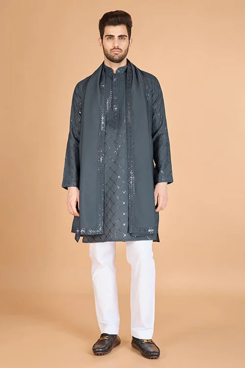 Designer Grey Sequence Embroidered Gents Kurta