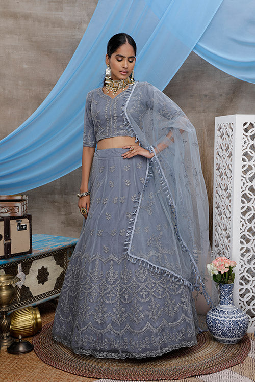 Grey Net Coding Embroidered Lehenga for Weddings