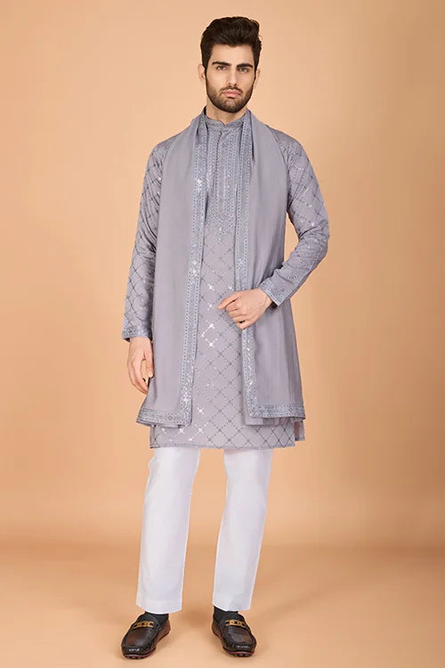 Designer Grey Viscose Silk Men's Kurta – Elegant Wedding Attire