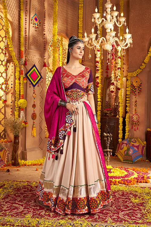 Thread Embroidered Beige Chaniya Choli For Garba Night