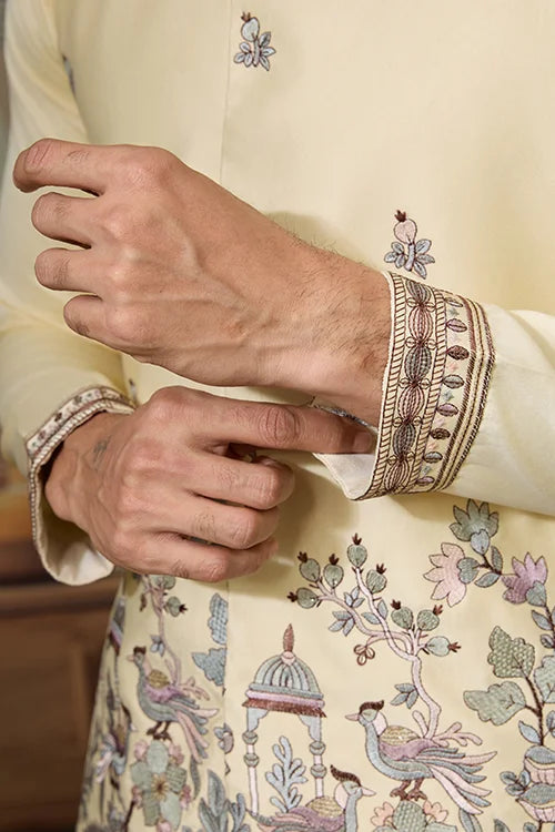 Haldi Special Light Yellow Koti Kurta Set for Mens Wear