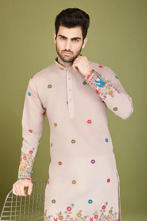 Ivory Viscose Silk Men's Kurta with Thread Work