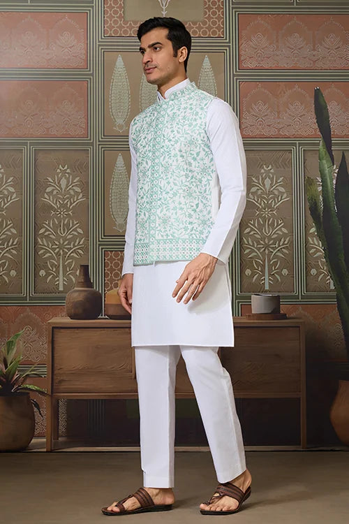 Wedding White Kurta Pajama with Green Koti Style