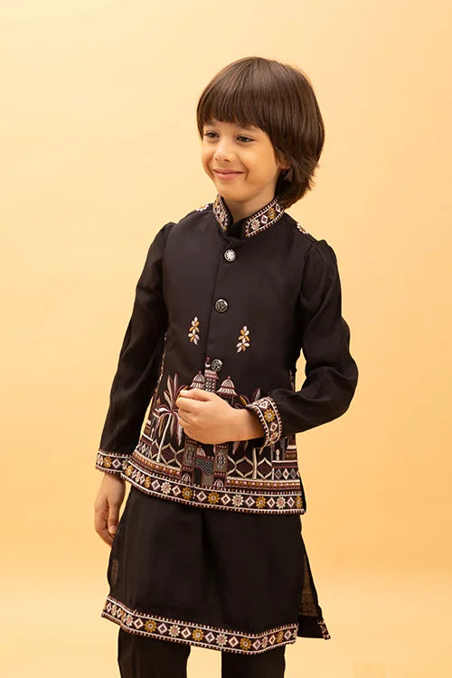 Premium Black Koti Kurta Set for Kids Boys 6-12 Years
