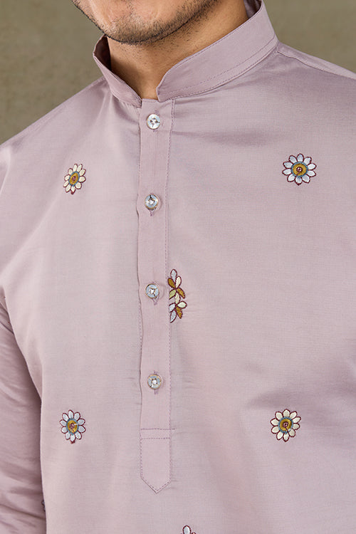 Premium Dusty Pink Color Embroidered Kurta With Pajama Set For Men