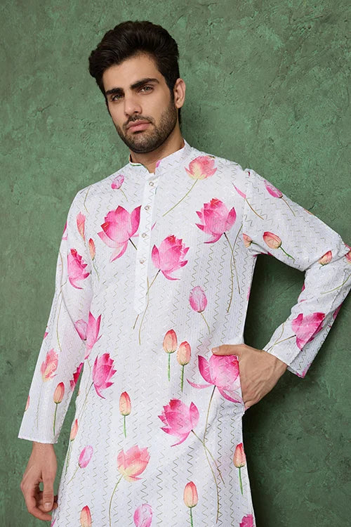 Buy Ethnic Style White & Pink Designer Kurta for Men