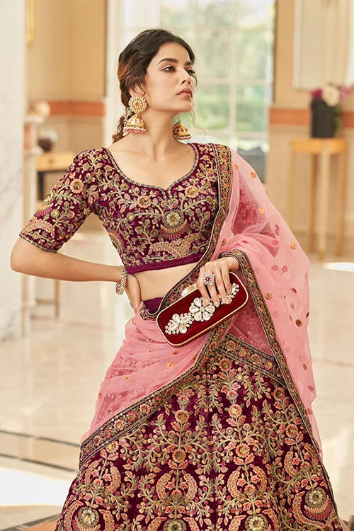 Designer Maroon Velvet Lehenga with Net Dupatta
