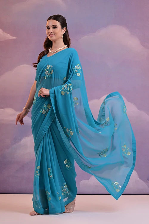 Light Blue Saree with Sequin Flower Embroidery Work