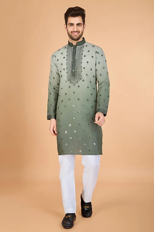 Designer Men's Ombre Green Kurta in Viscose Silk