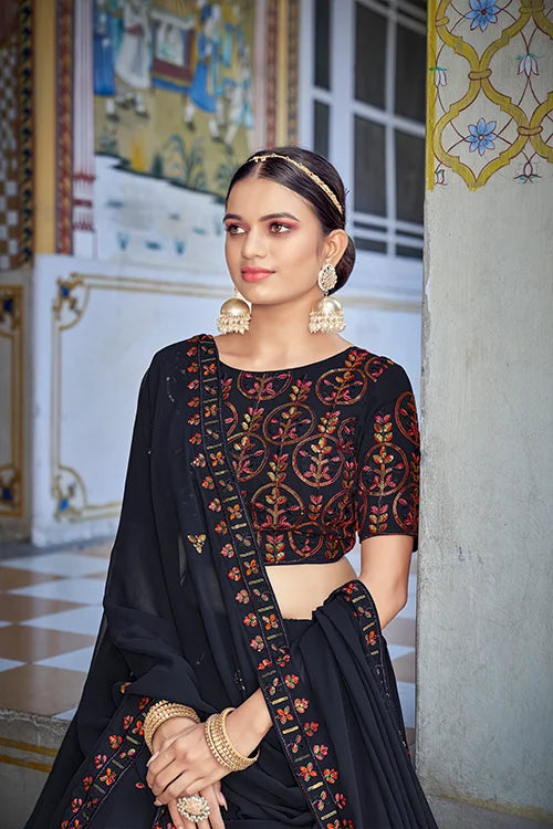 Navy Blue Georgette Lehenga Choli With Sequins Work