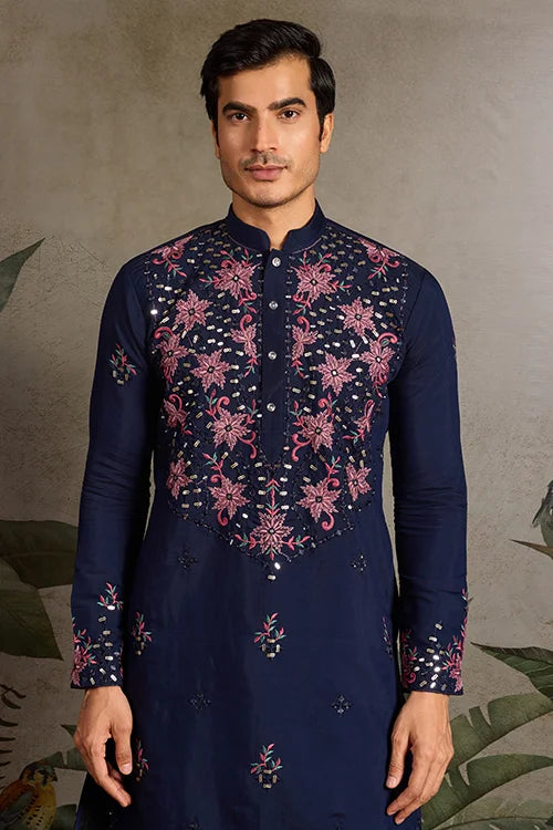 Wedding Special Navy Blue Embroidered Mens Kurta Set