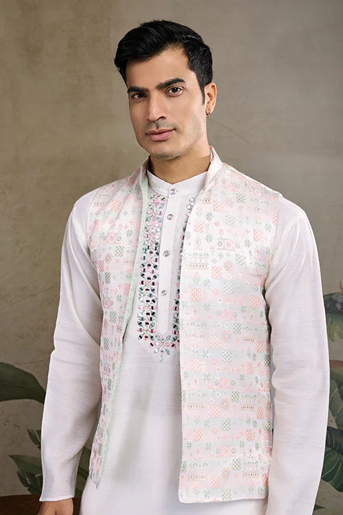 Off-White Roman Silk Kurta with Jacquard Open Koti Set