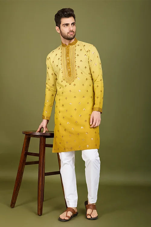 Designer Ombre Yellow Silk Kurta for Men | Shubh Kala