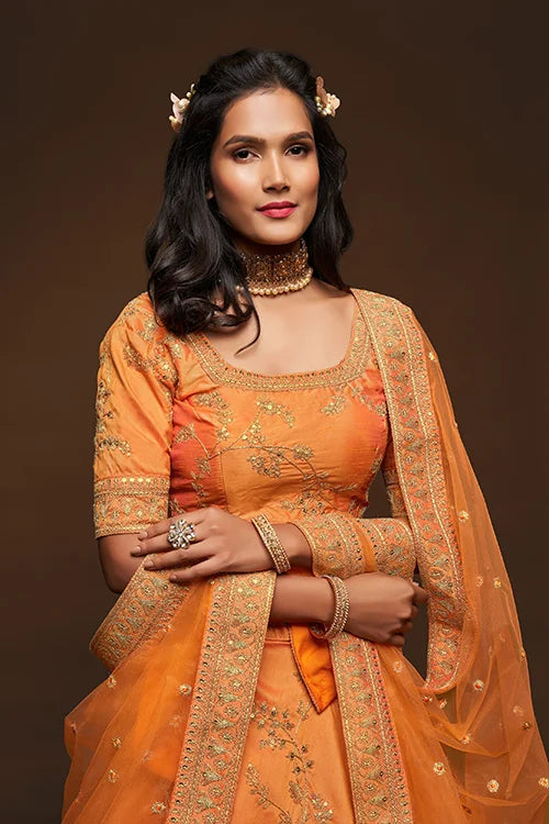 Orange Bridal Lehenga Choli with Dupatta - Shop Now