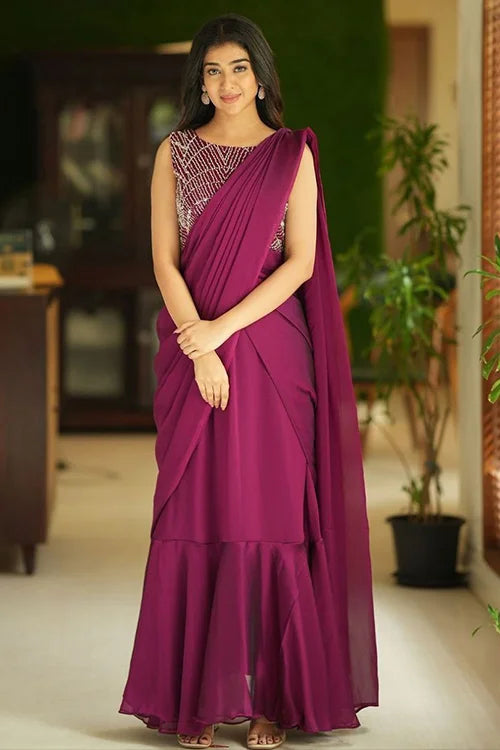 Purple Designer Party Wear Silk Gown Style Saree at Shubhkala